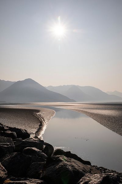 Cook Inlet-Alaska-curved stream-mountains-black and white-sunburst
